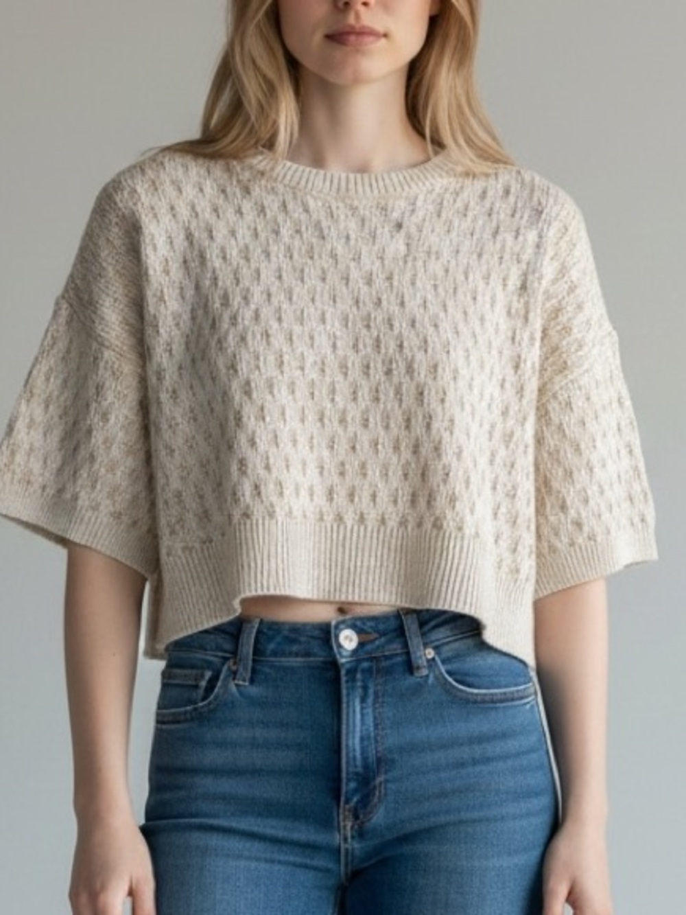 Cream Waffle Knit Cropped Short Sleeve Sweater - Revolve x Stitches + Stripes